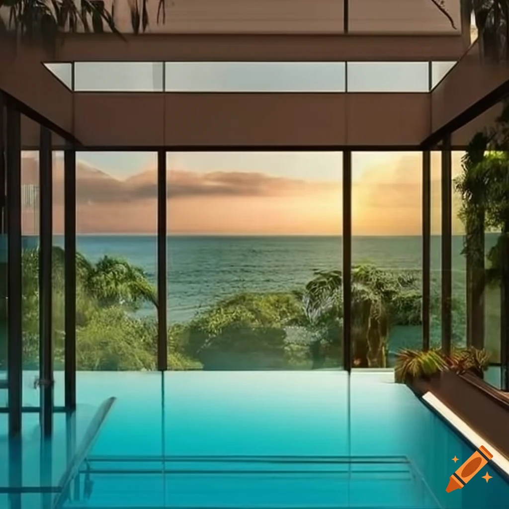 Glass pool enclosure and palm trees with a brown home on Craiyon
