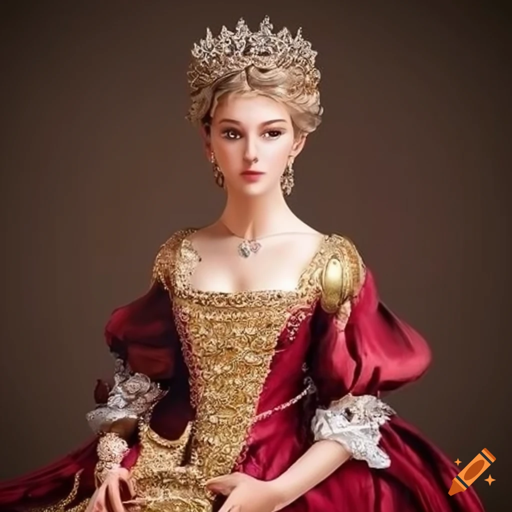 European princess in stunning rococo dress with tiara and embellishments