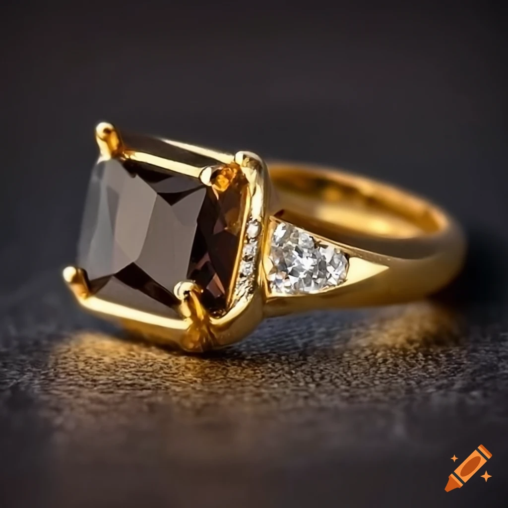 Yellow gold diamond ring with horizontally set smoky quartz and small diamonds
