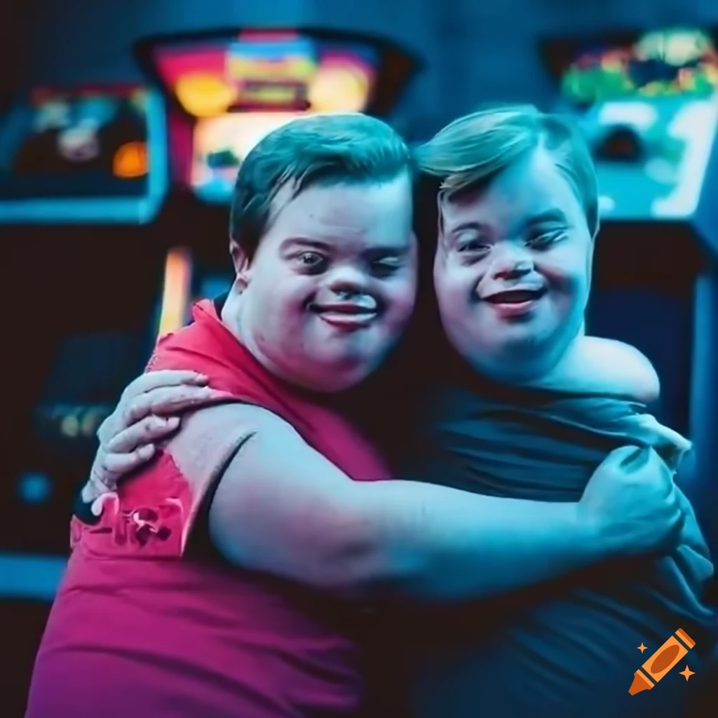 Three men hugging in front of a 1980s video game arcade
