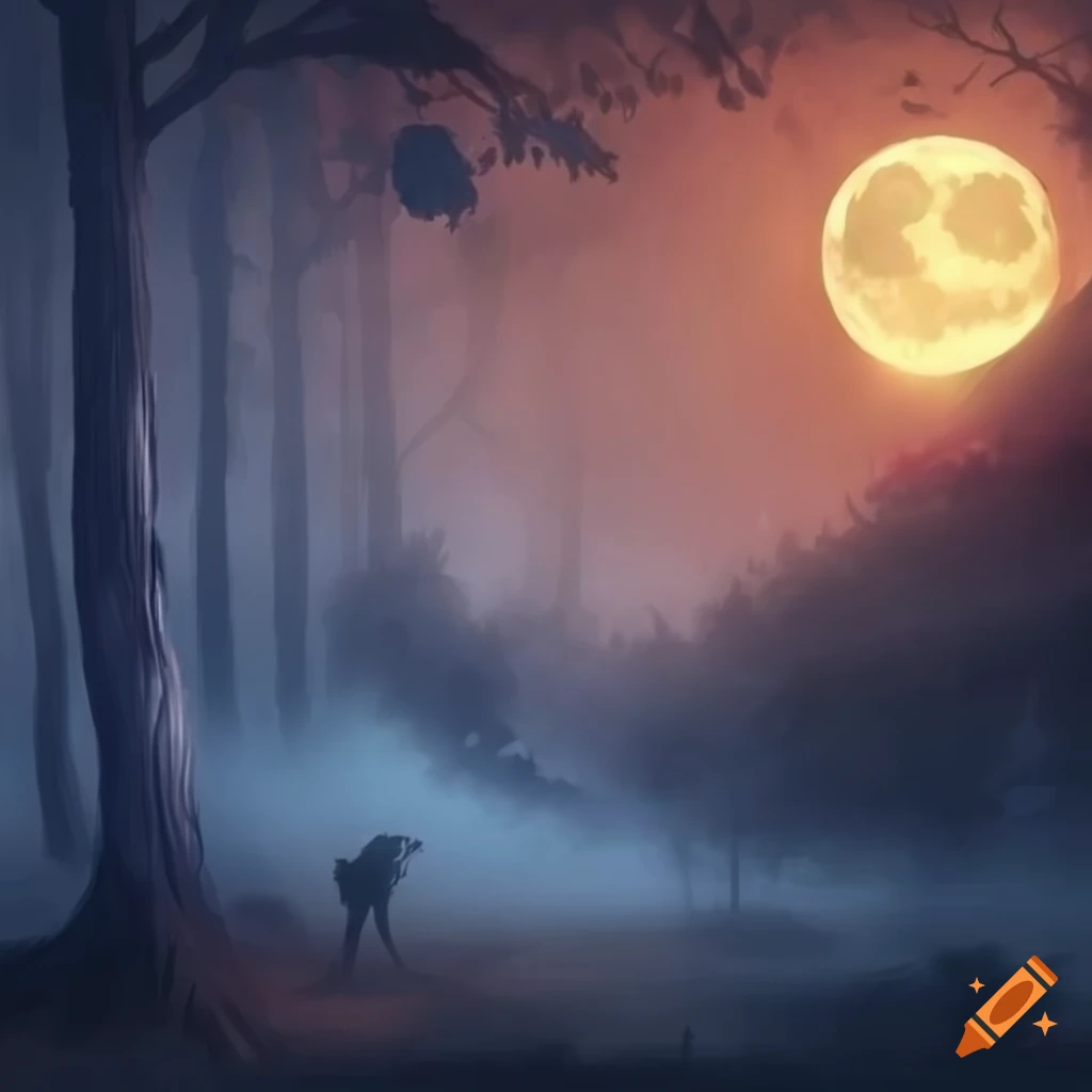 Foggy moonlit fantasy forest with magical creatures playing under full moon