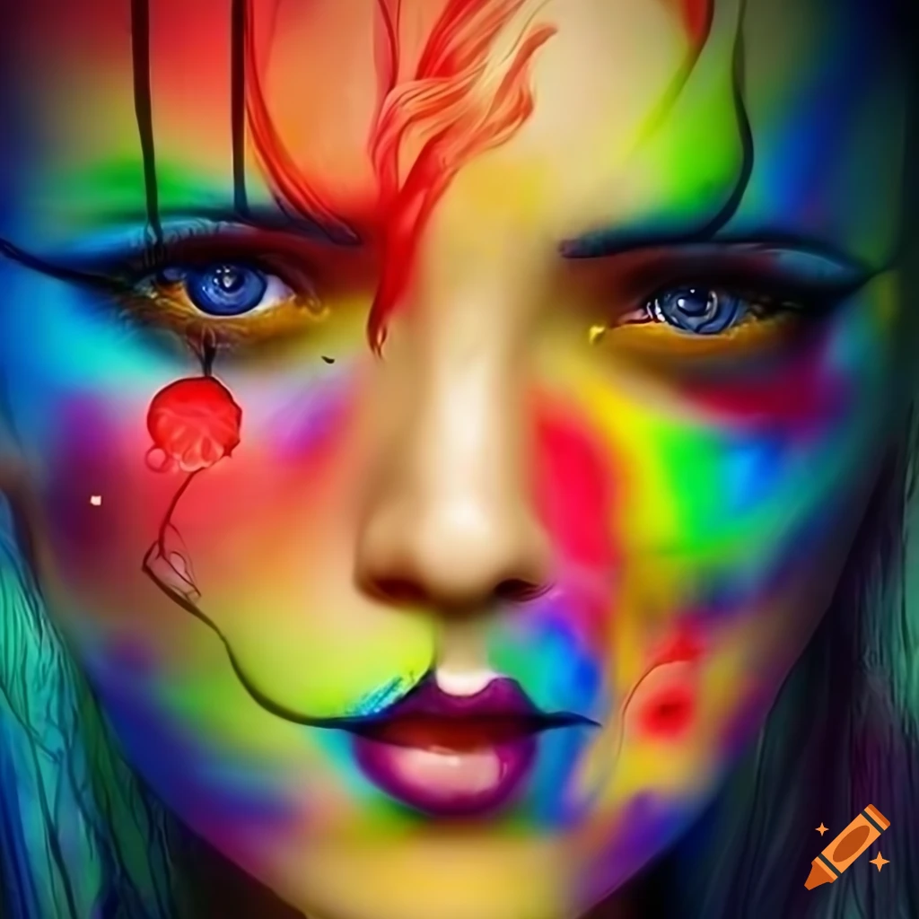 Vibrantly colorful and surreal woman's face in the forest with gothic ...