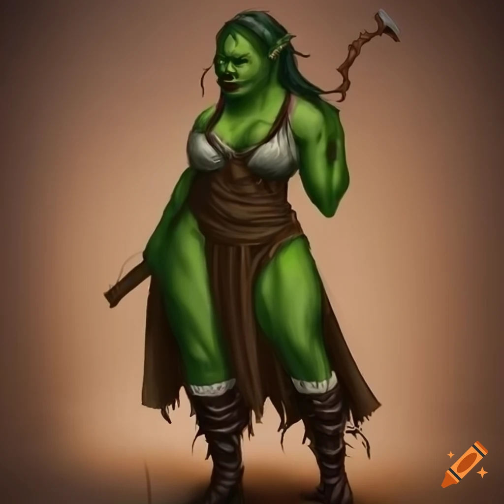 Female Half-orc druid with dark green hair in twin braids
