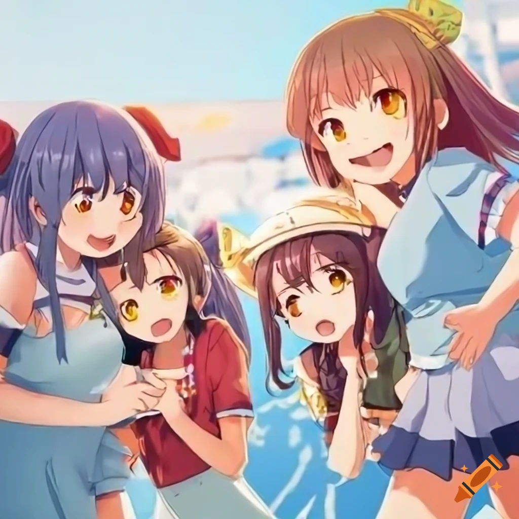 Joyful anime girls at a vibrant outdoor scientific book fair near a harbor