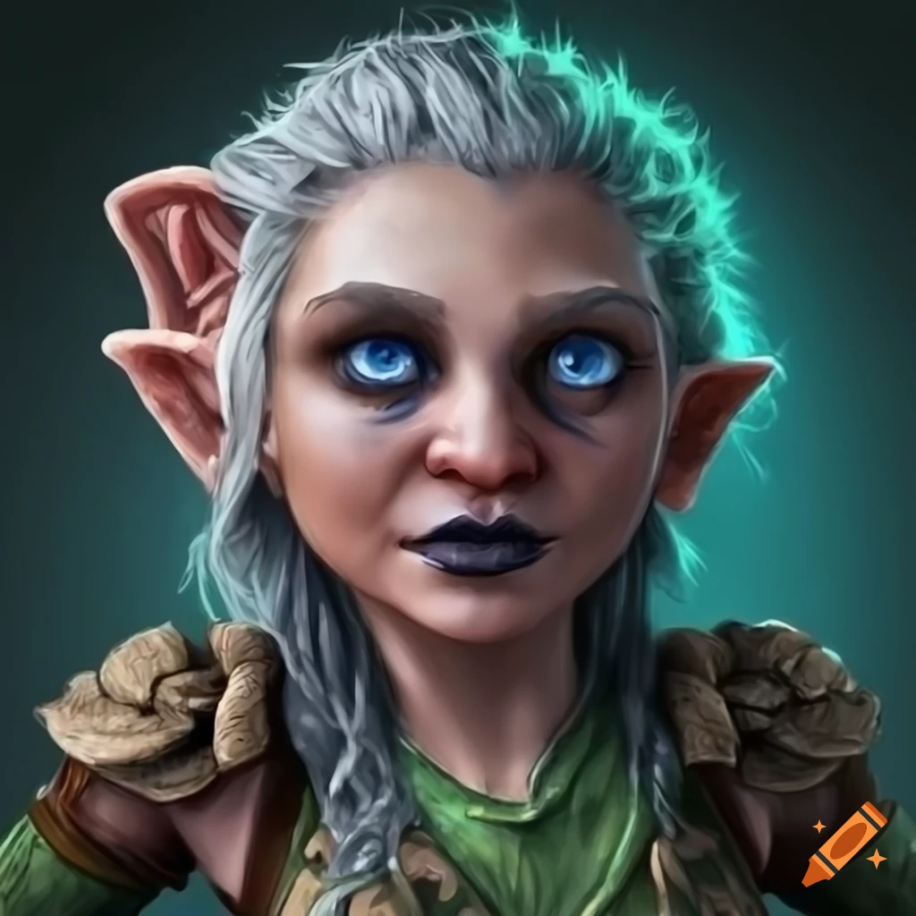 Short middle-aged fantasy druid female gnome with dark blue eyes and ...