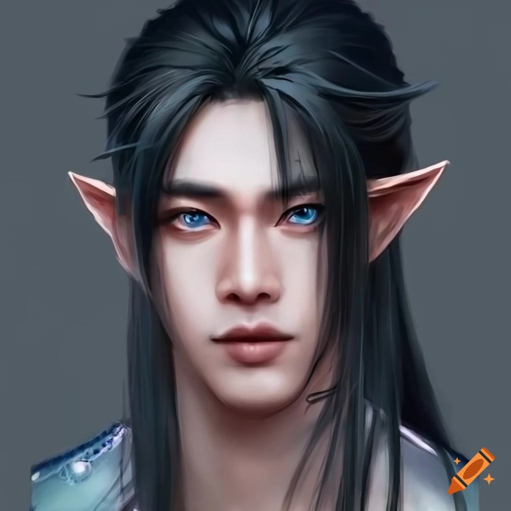 Beautiful asian elf man with long black hair, pale skin, and icy blue ...