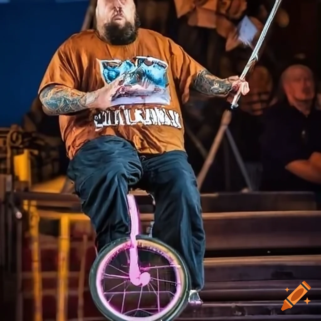 Chumlee juggling chainsaws on a unicycle at a state fair on Craiyon