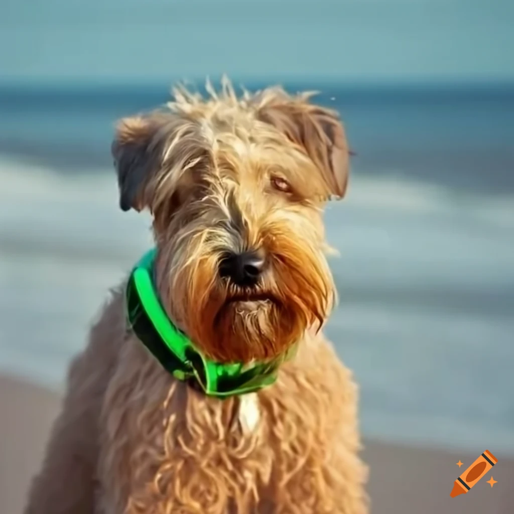 Wheaten terrier with green collar in front of the ocean on Craiyon