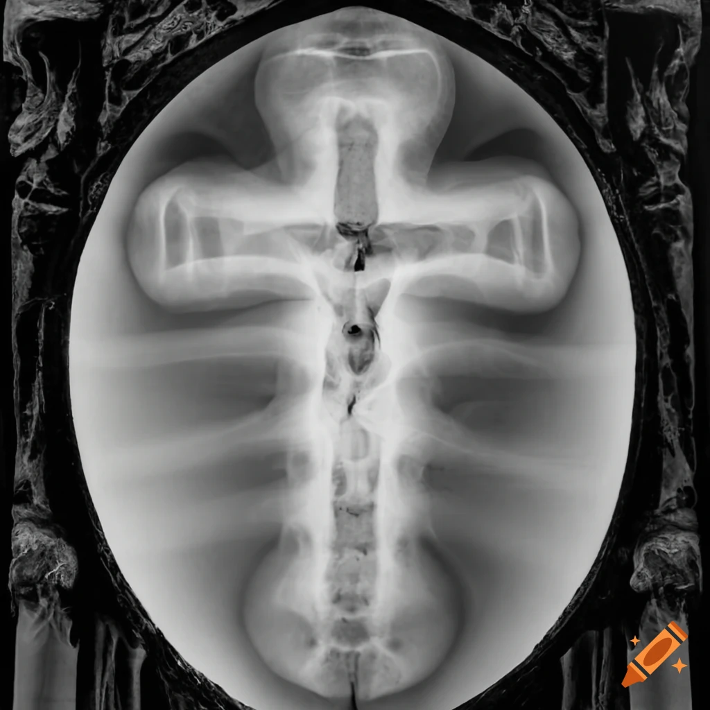 Symmetrical HD logo design greyscale x-ray of Shroud of Turin with crucified saint