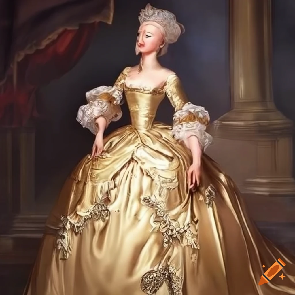 Painting of a princess in a golden satin dress with jewels, depicting femme fatale