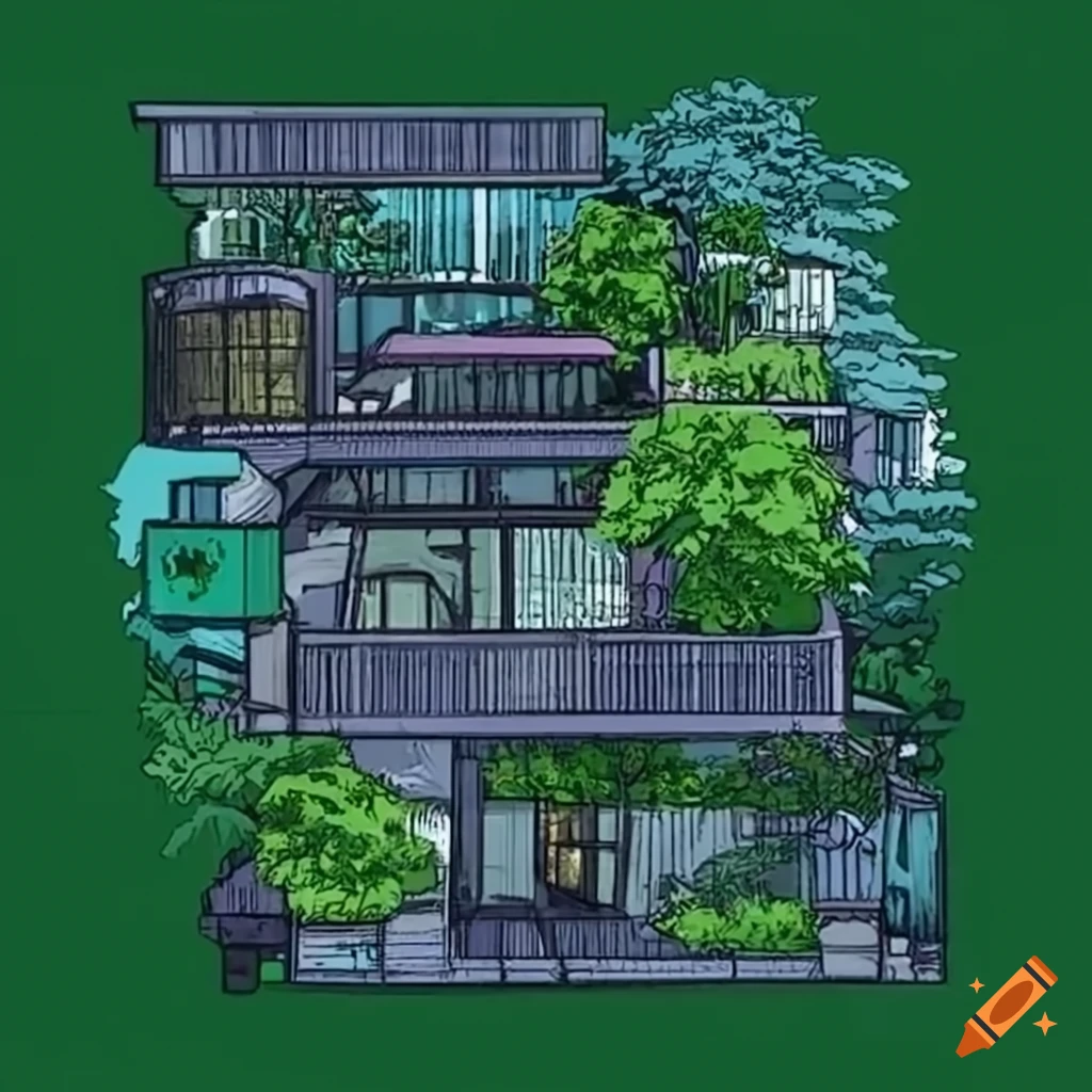 Sustainable solarpunk environment with green roofs
