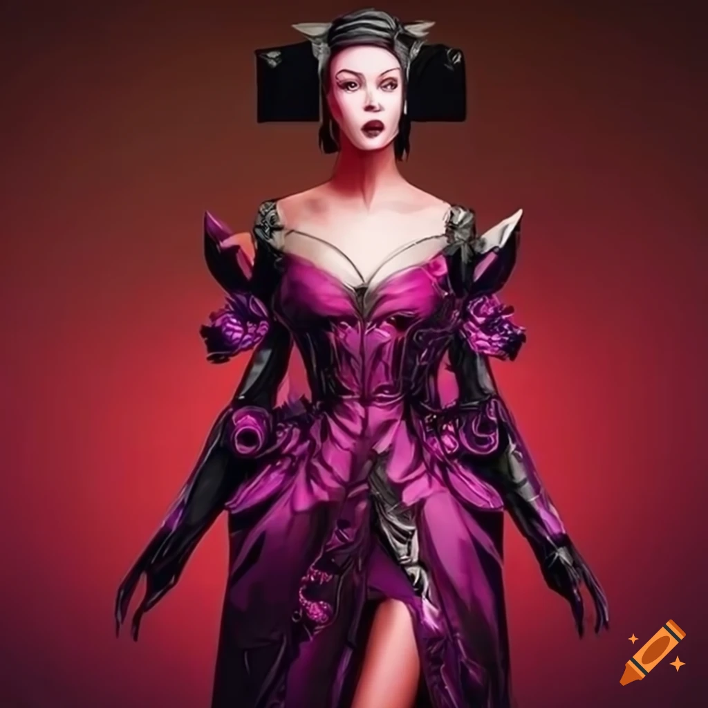 Rich aristocratic woman in retro-futuristic colorful clothing