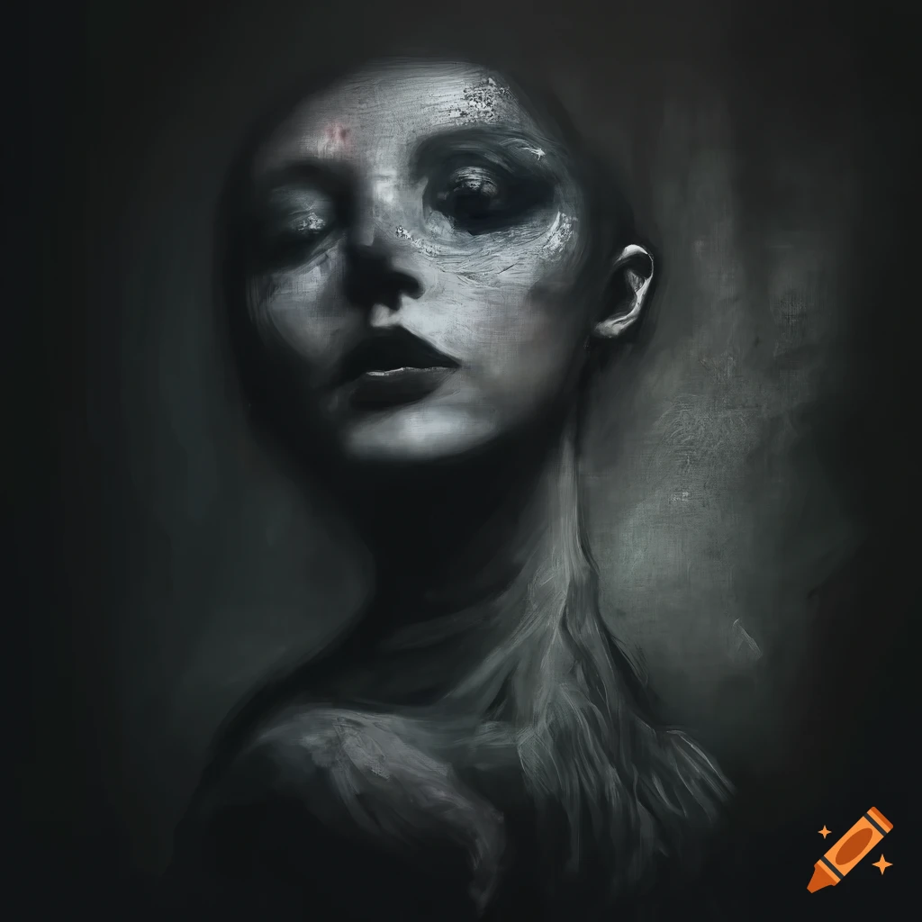 Dark romantic oil painting of a woman on canvas with visible texture