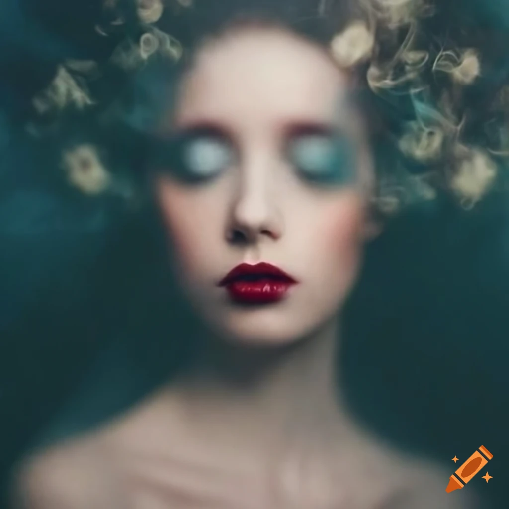 Artistic blurred photo of a woman with floral veil and closed eyes on ...