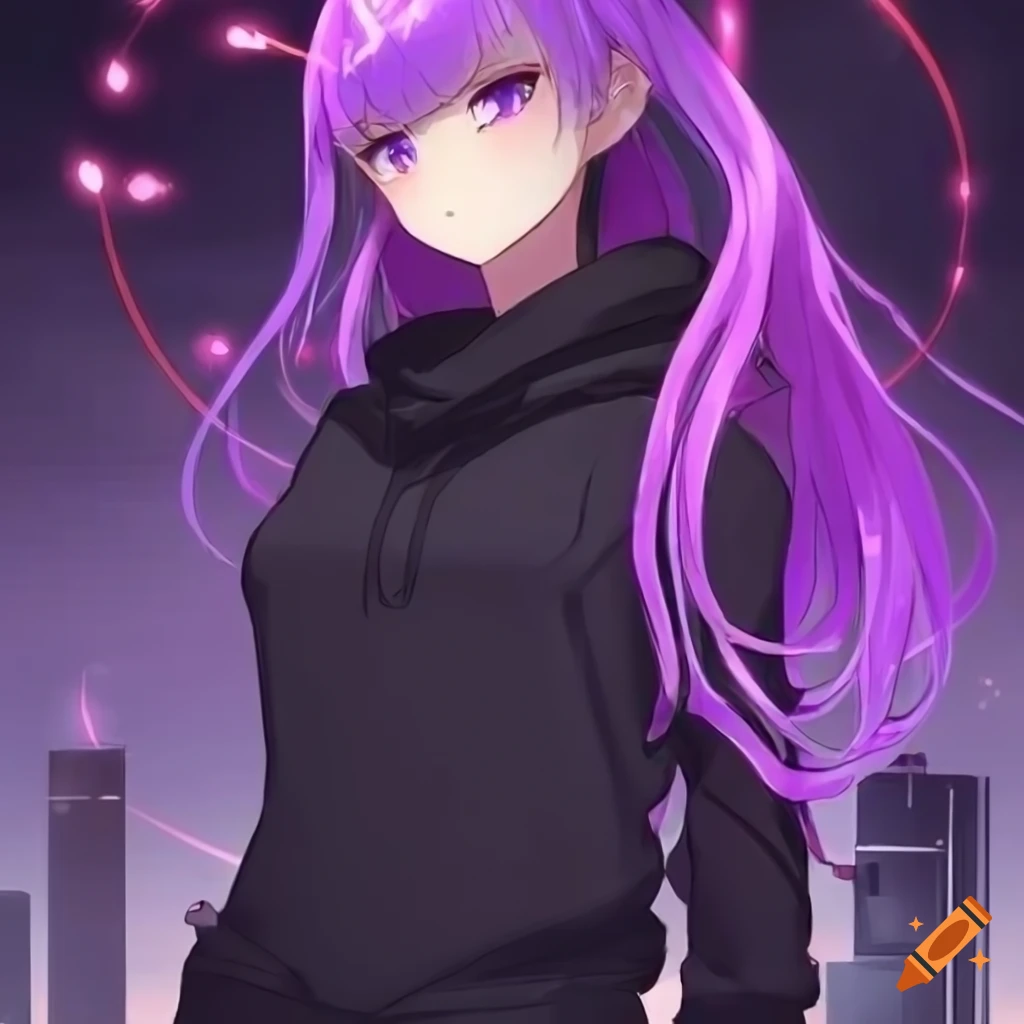 Futuristic anime girl in a black hoodie with long purple hair and eyes