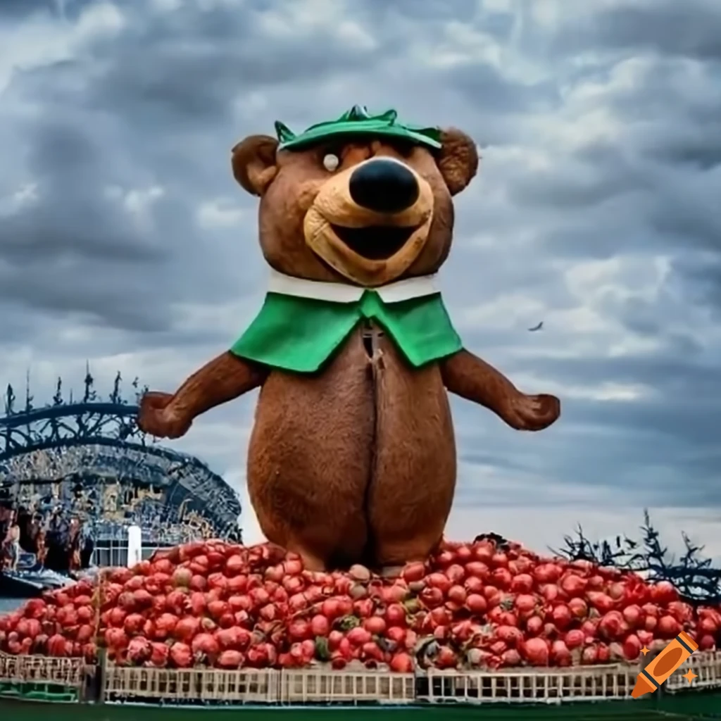 Yogi bear on a pile of gogi berries with a realistic style yankee stadium sign on Craiyon