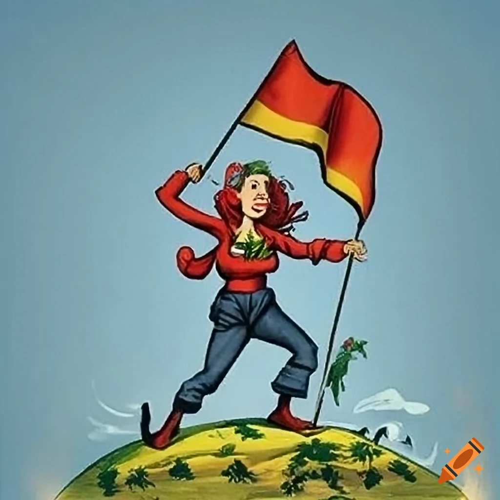 Humorous illustration of a female mountaineer planting a flag at the mountain top