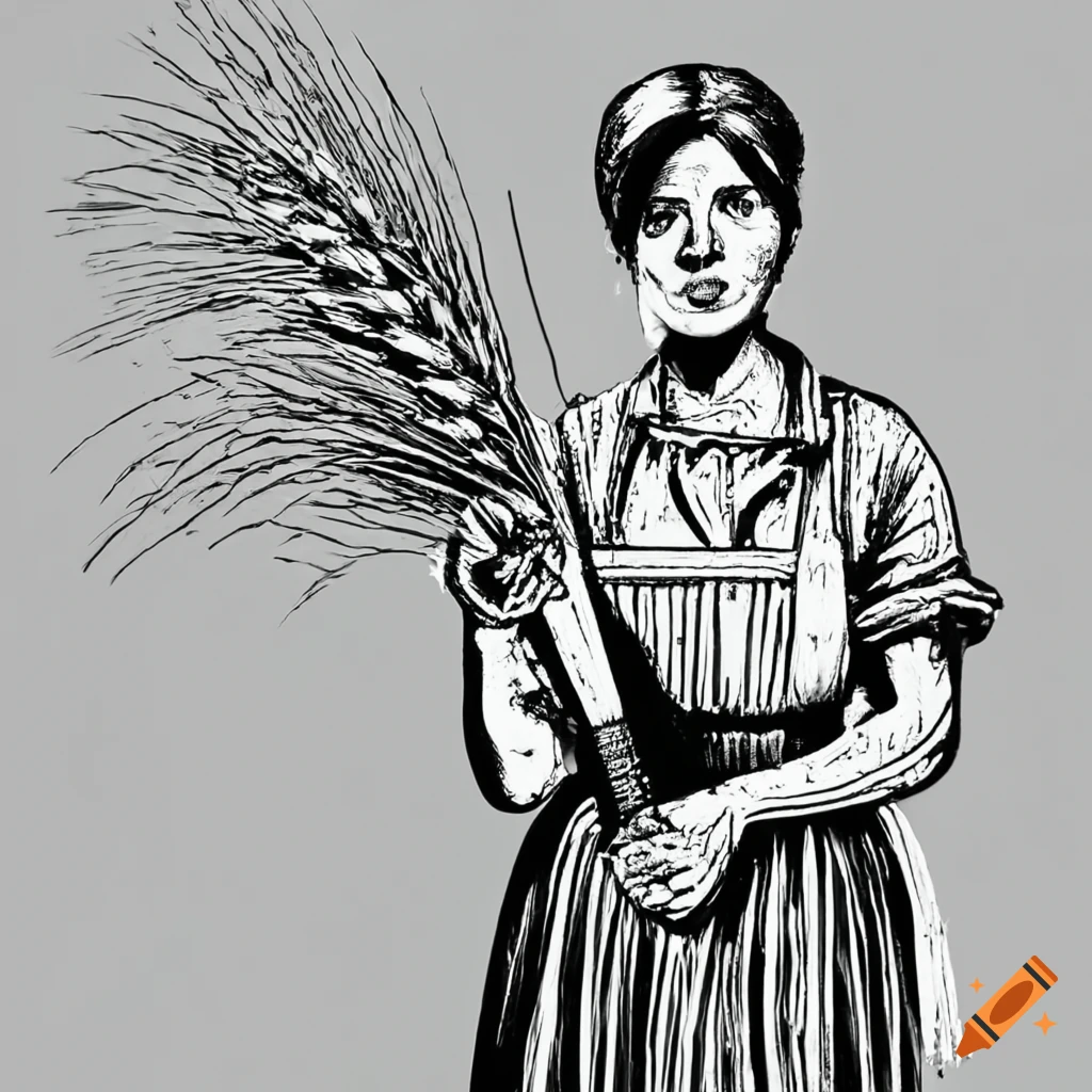 Strong pioneer woman holding a sheath of wheat harvest in black and white