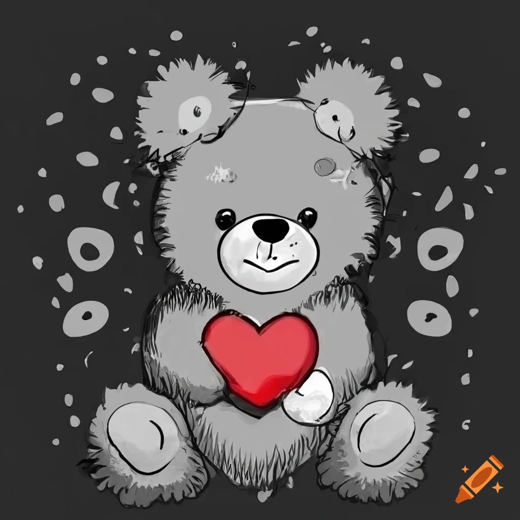 Smiling teddy bear holding a heart in bold black and white lines
