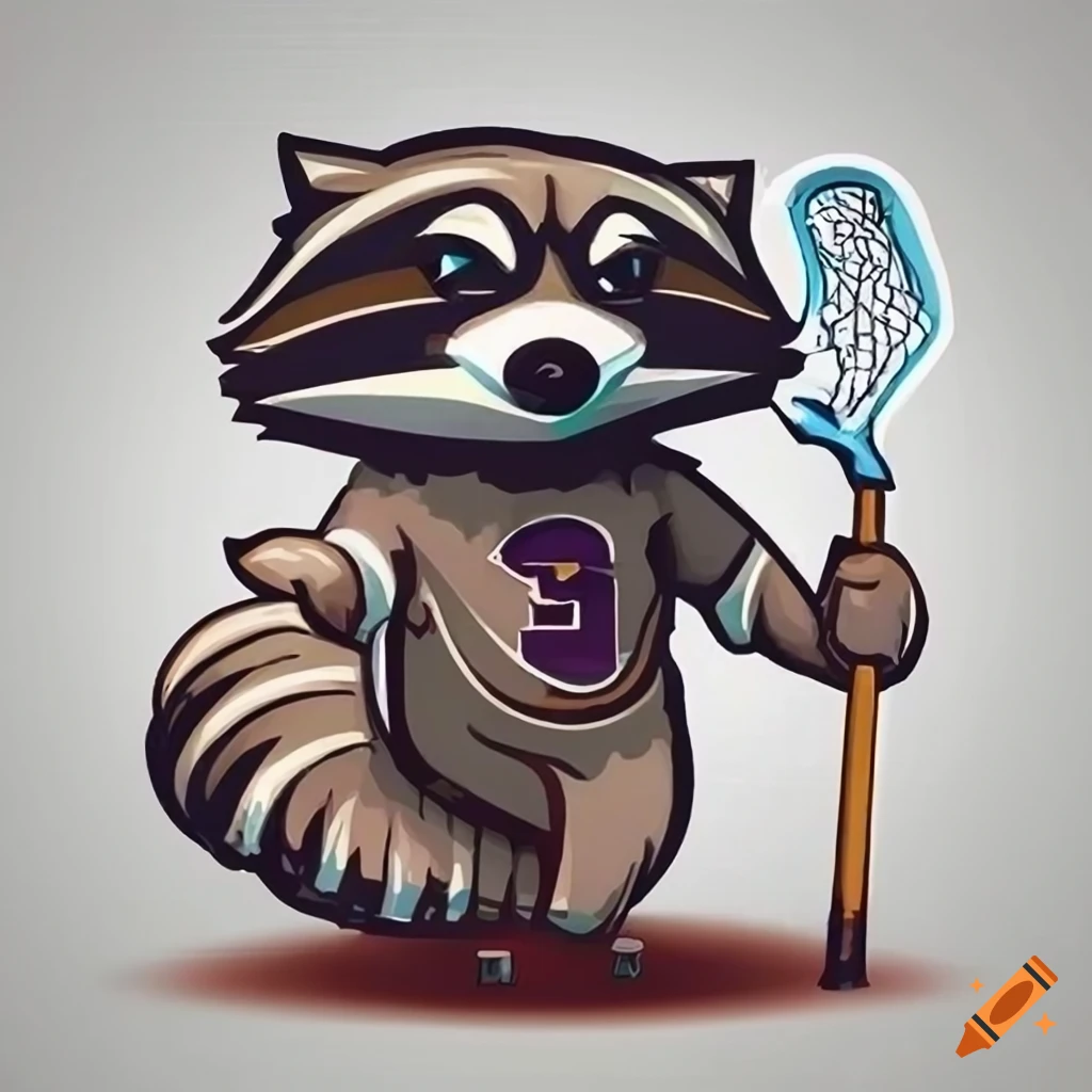 Dynamic and energetic raccoon playing lacrosse for a sport shirt logo