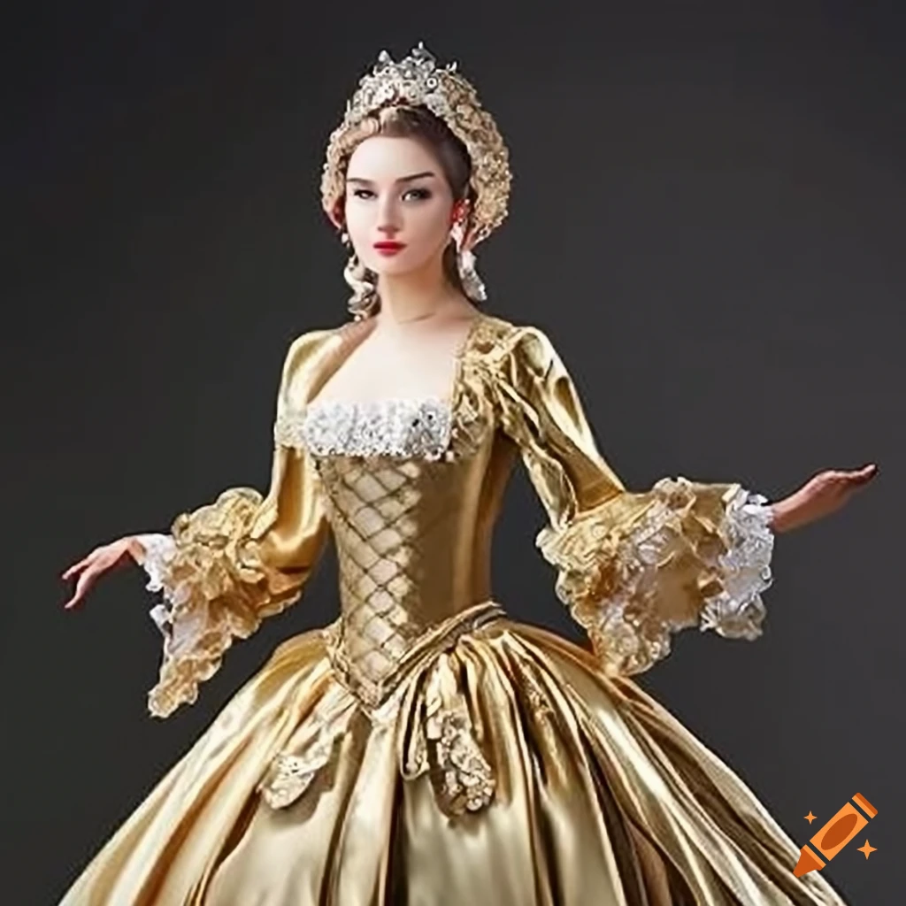 European princess in historical rococo gown with long braids