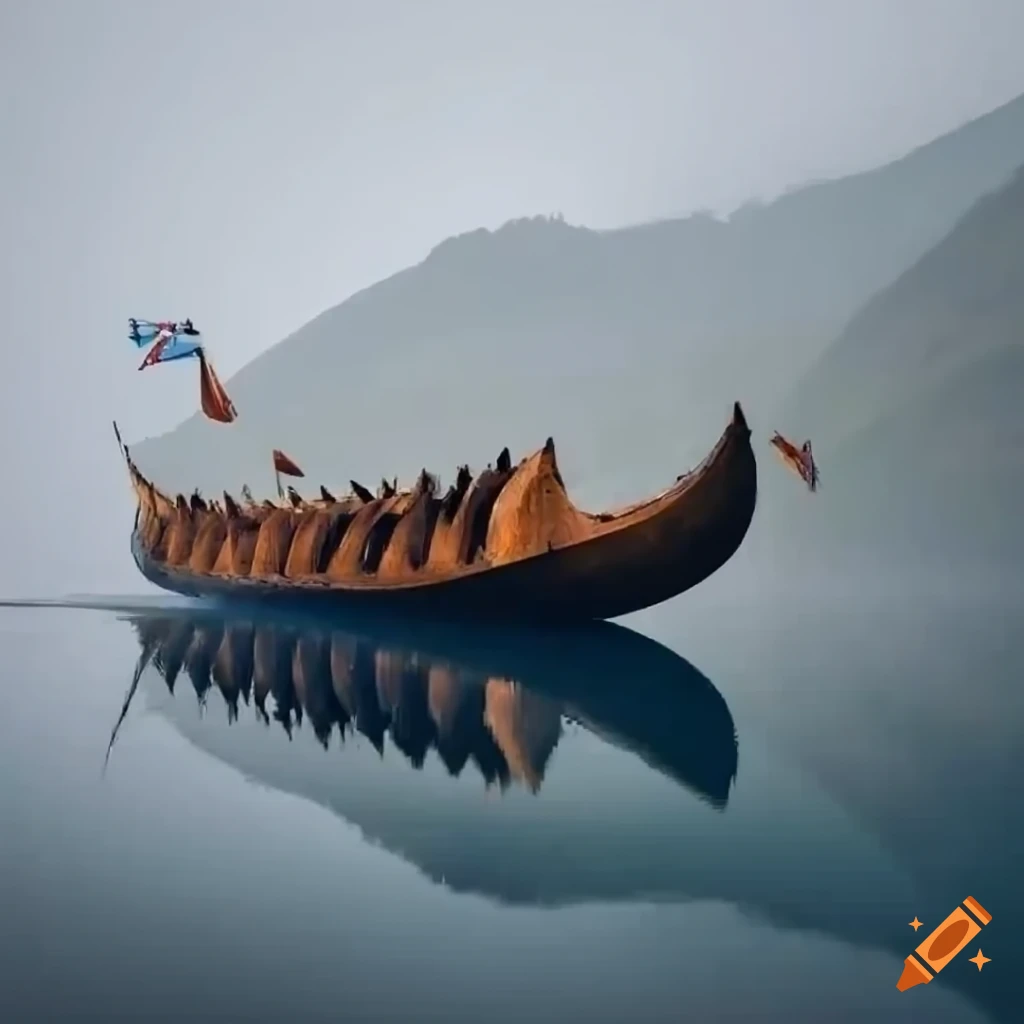 Drakkar boat navigating misty countryside along a French fjord