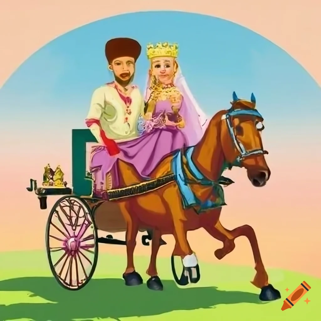 Royal prince and princess with their children in a horse-drawn carriage