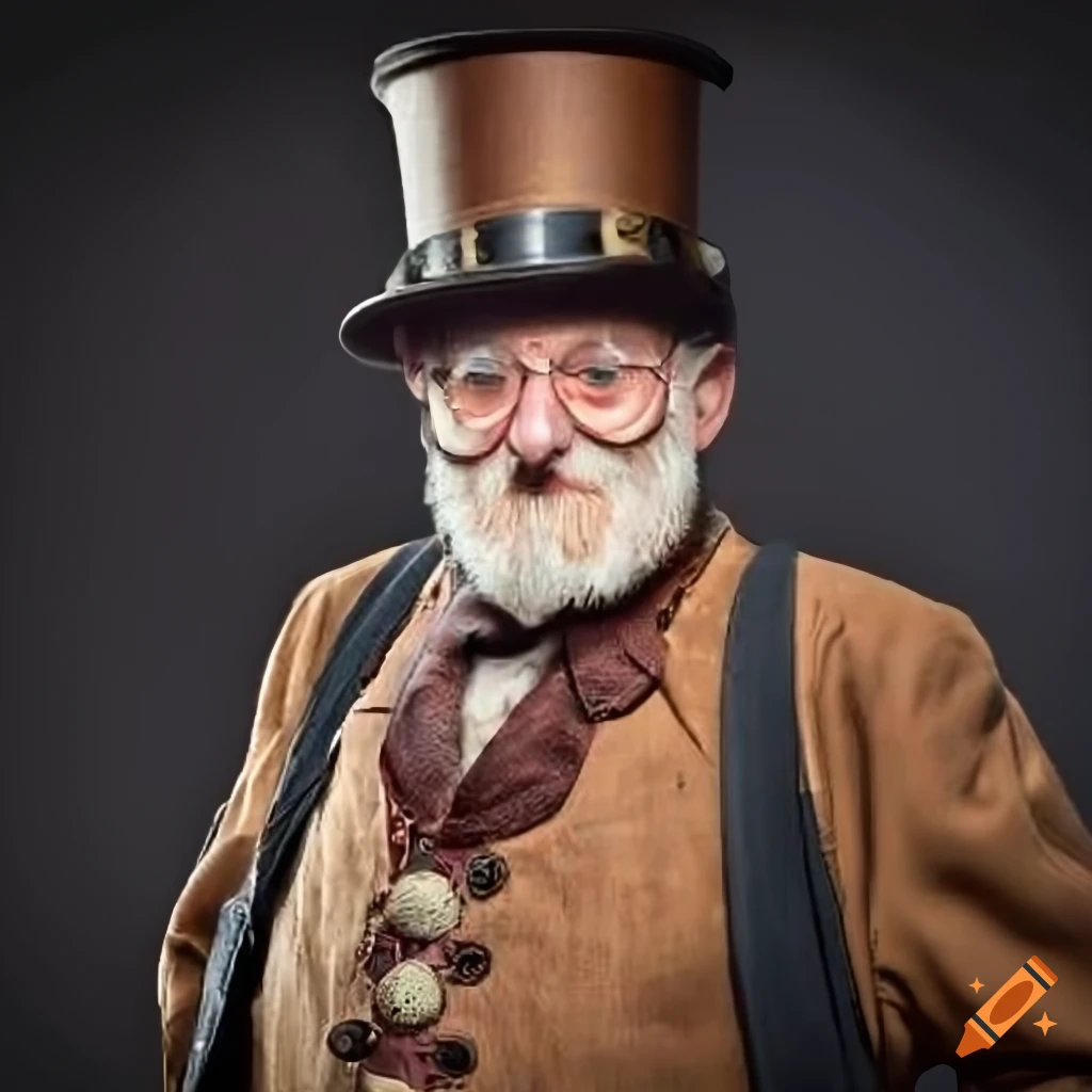 English steampunk attire with a legless man and a monkey on his