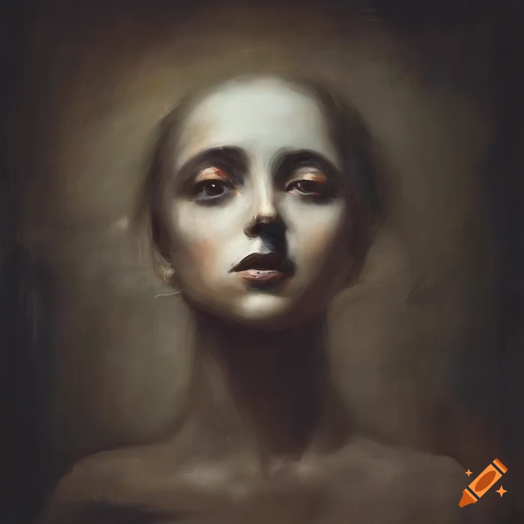 Dark romantic painting of a woman in baroque style with visible canvas ...