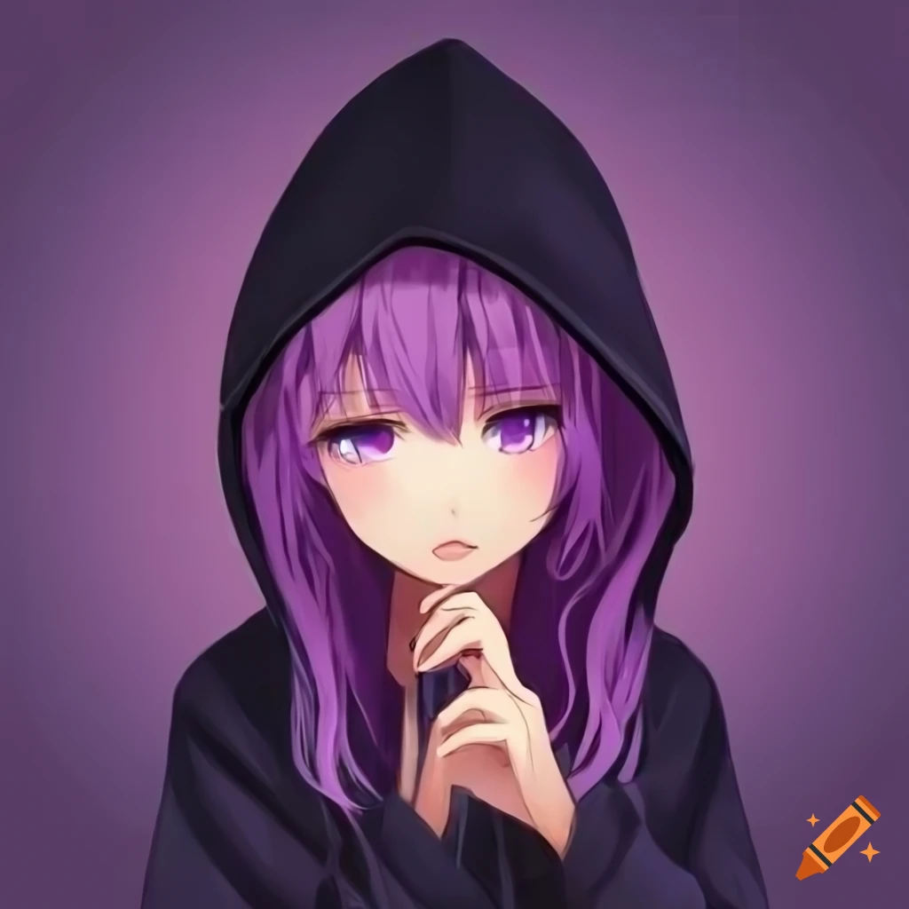 Girl with purple hair and eyes wearing black hood in symmetrical pose ...