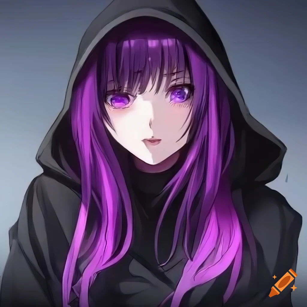 Futuristic anime girl in a big black hoodie with long purple hair and