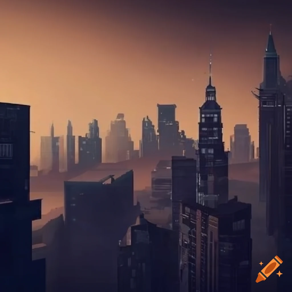 Bleak dystopian retro-futuristic cityscape with smoggy brown skies