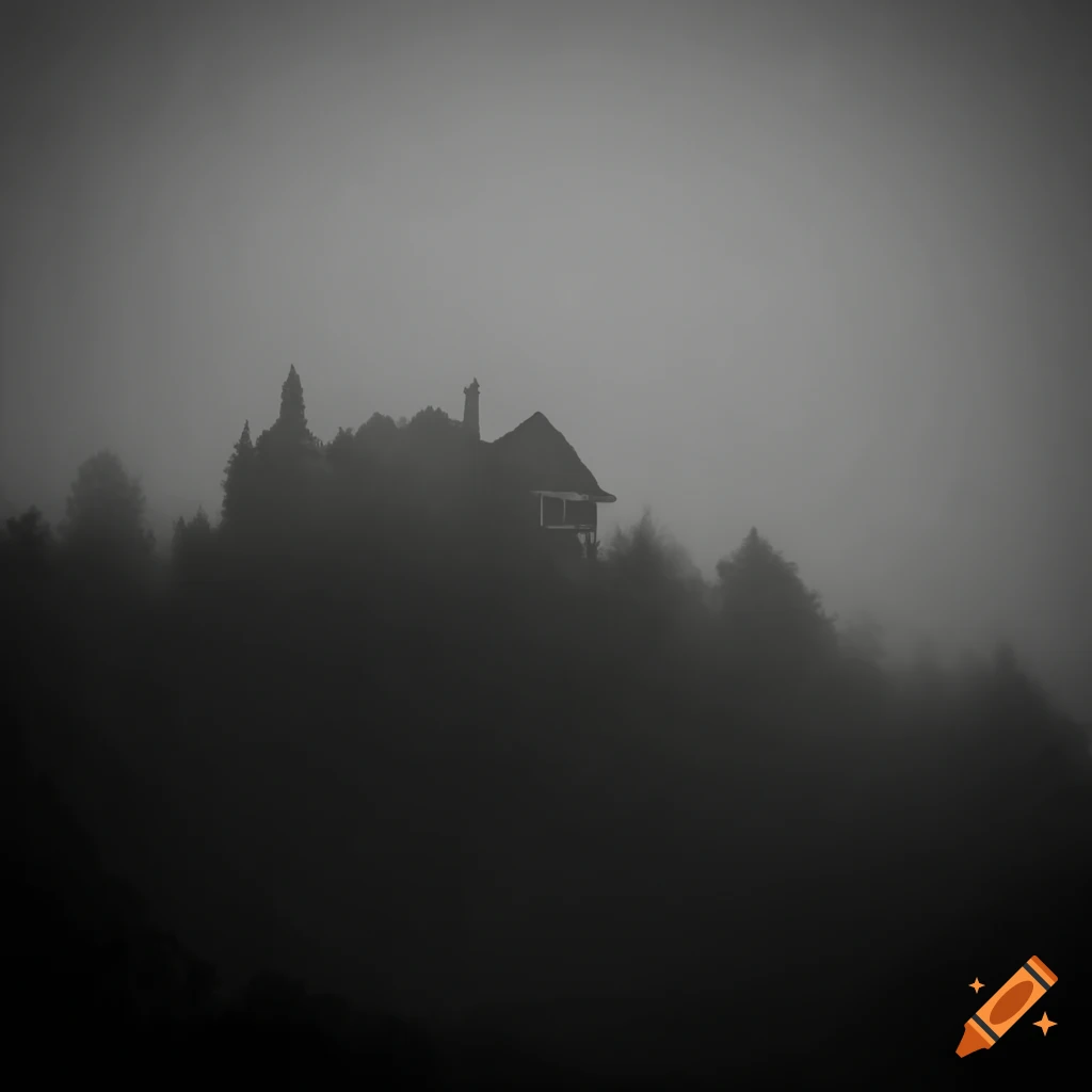 Detailed black and white image of a foggy haunted hill with trees and a house
