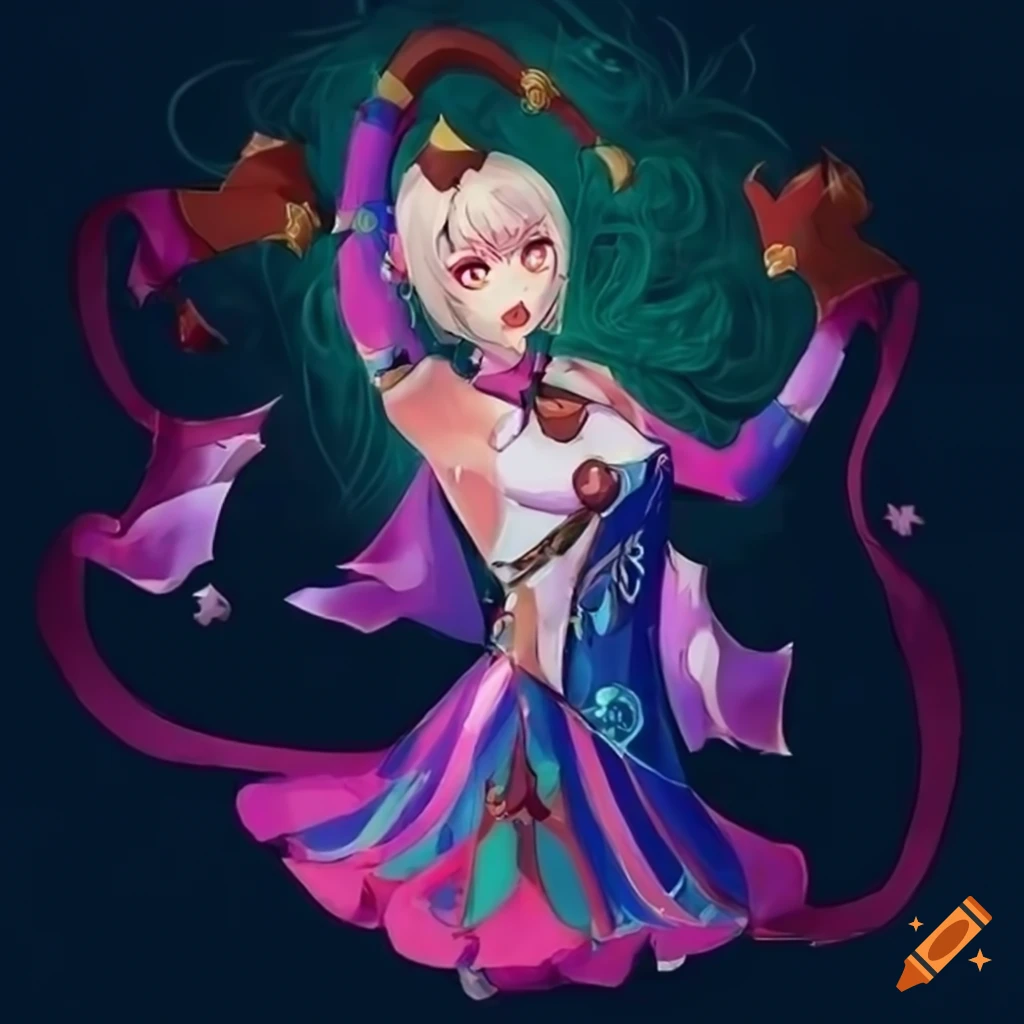 Colorful jester circus dancer outfit with Genshin Impact inspired design