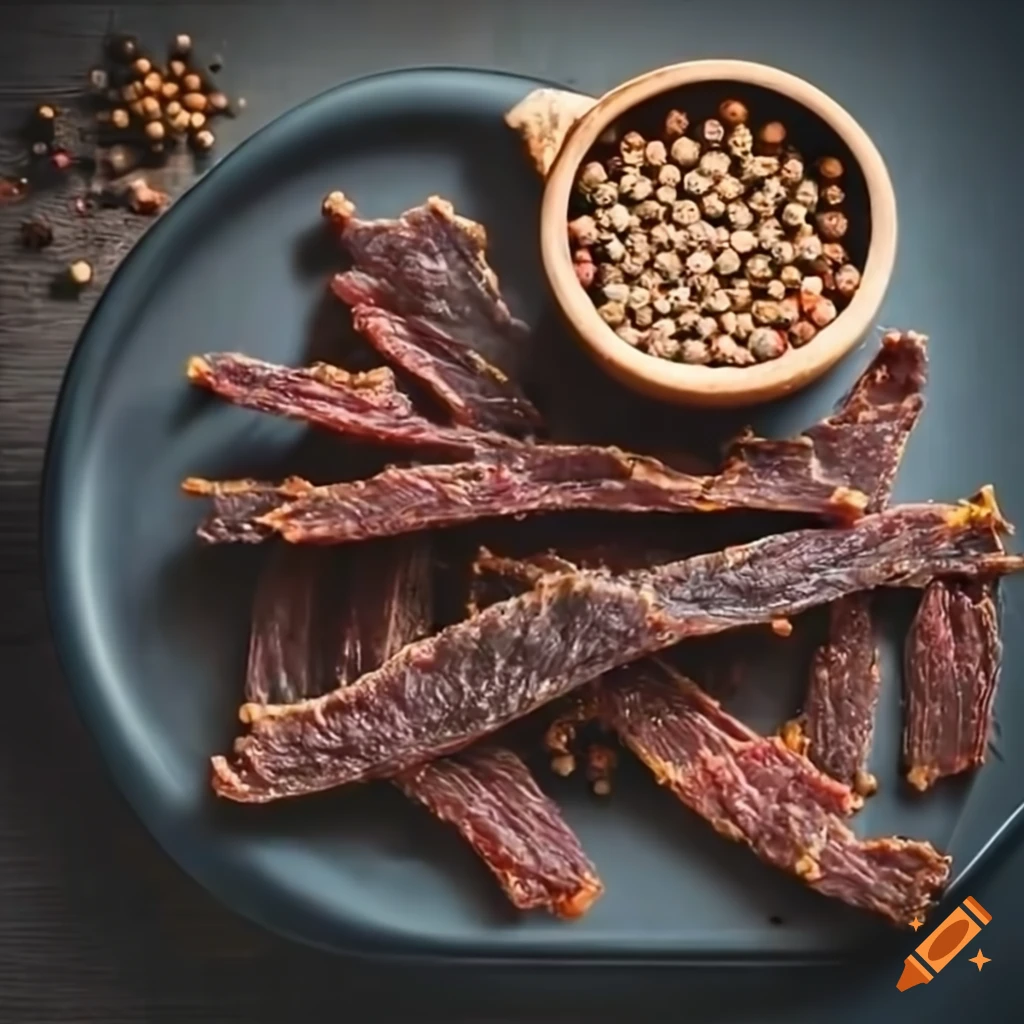 Spiced jerky strips with peppercorns and spices on a kitchen table
