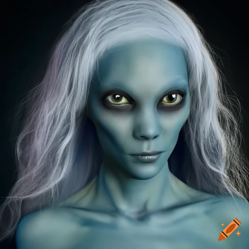 Blue Skinned Humanoid Alien Woman With White Hair And A Square Jaw On Craiyon 