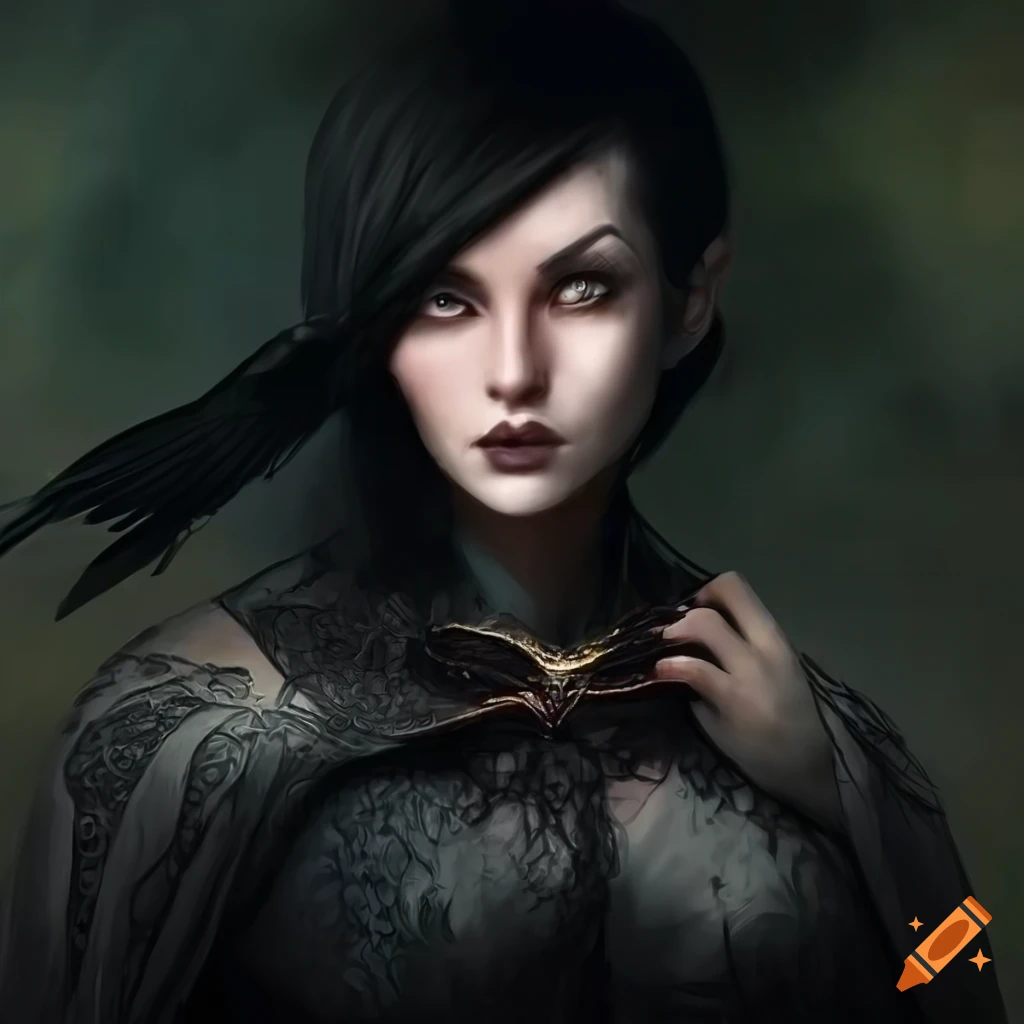 Young adult woman fantasy sorceress with black robe and ravens on Craiyon