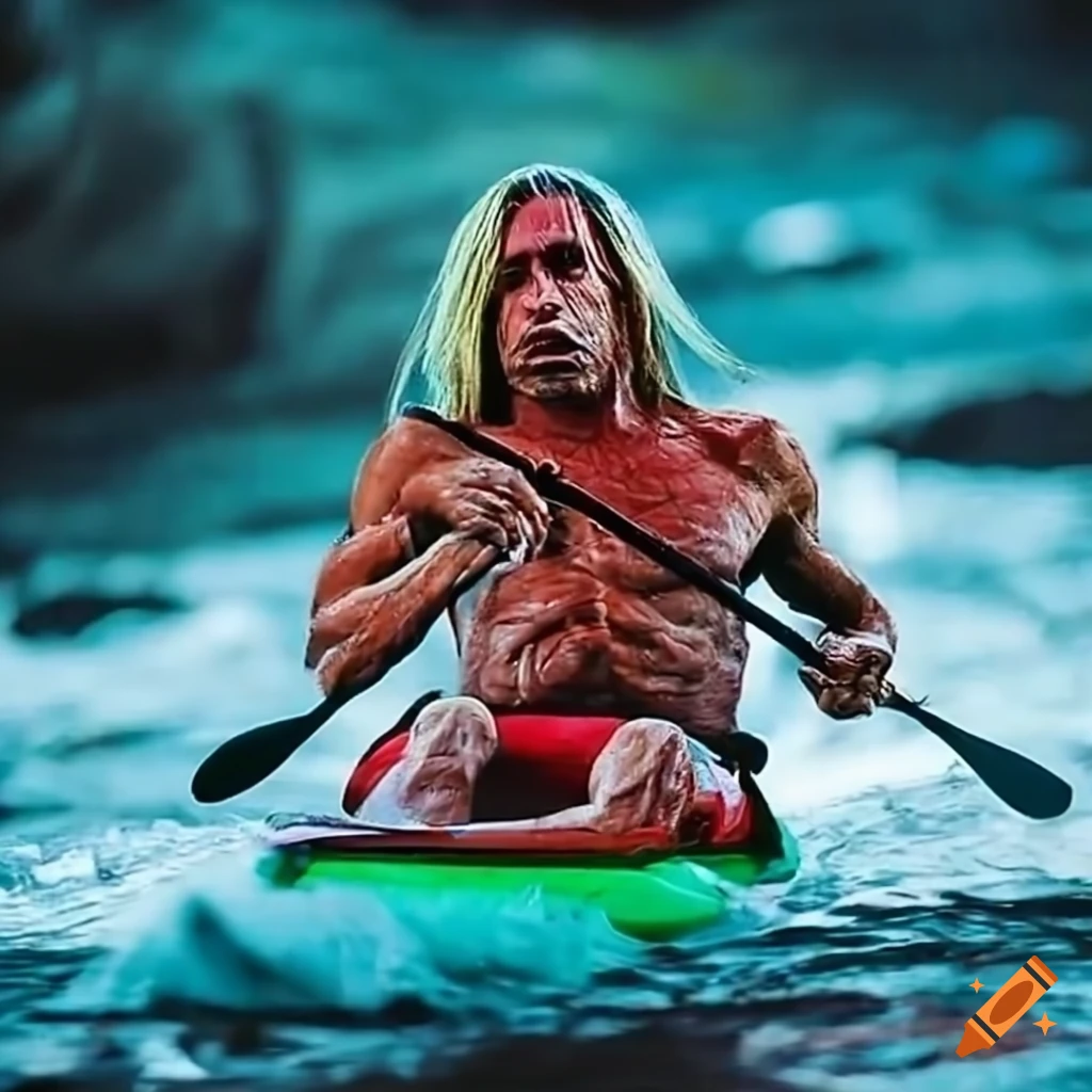 Iggy Pop kayaking through rapids