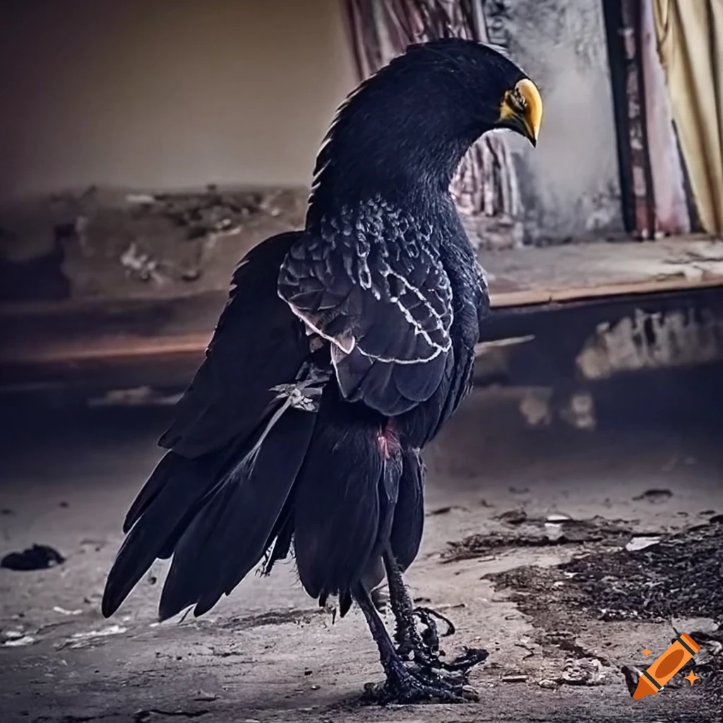 Giant lifelike black feathered Xatu bird in abandoned mall garage at night