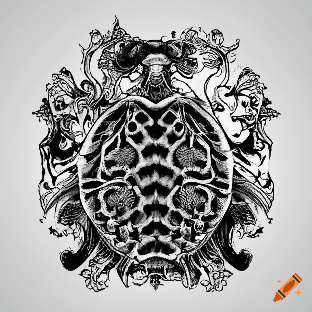 Art Nouveau style turtle in black and white