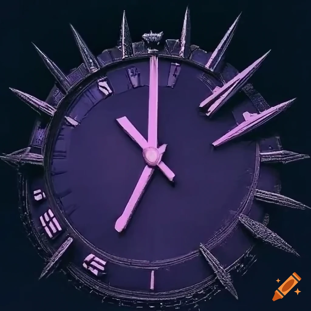 Unique clock on a gothic tower in a retrowave cyberwave style