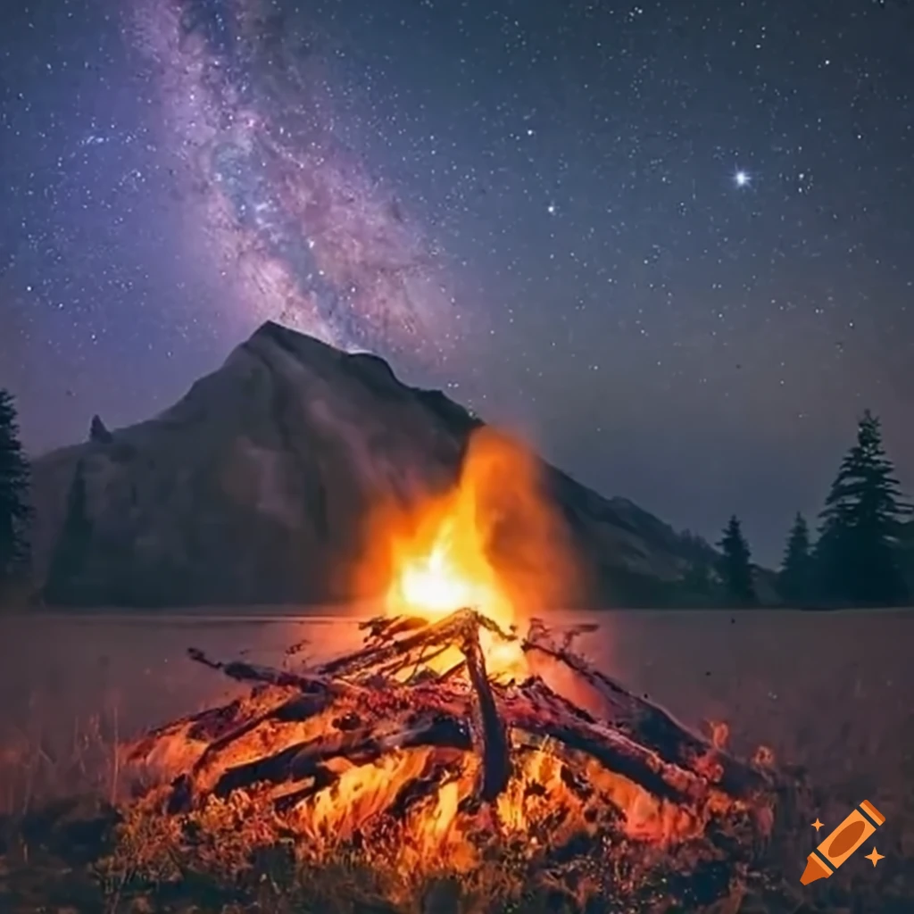 Bonfire at a summer cottage with starry sky and moon