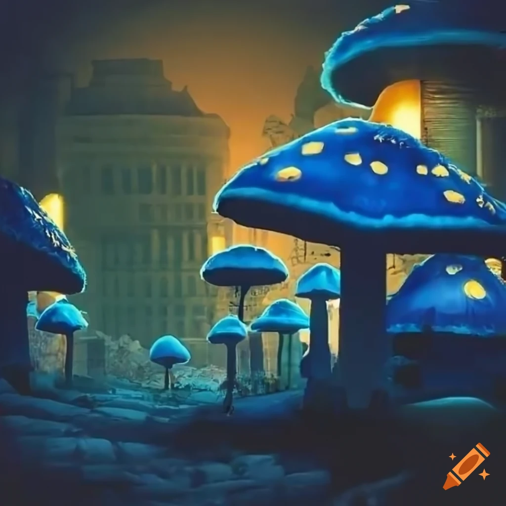 Underground city with large mar and navy blue mushrooms and illuminated lanterns