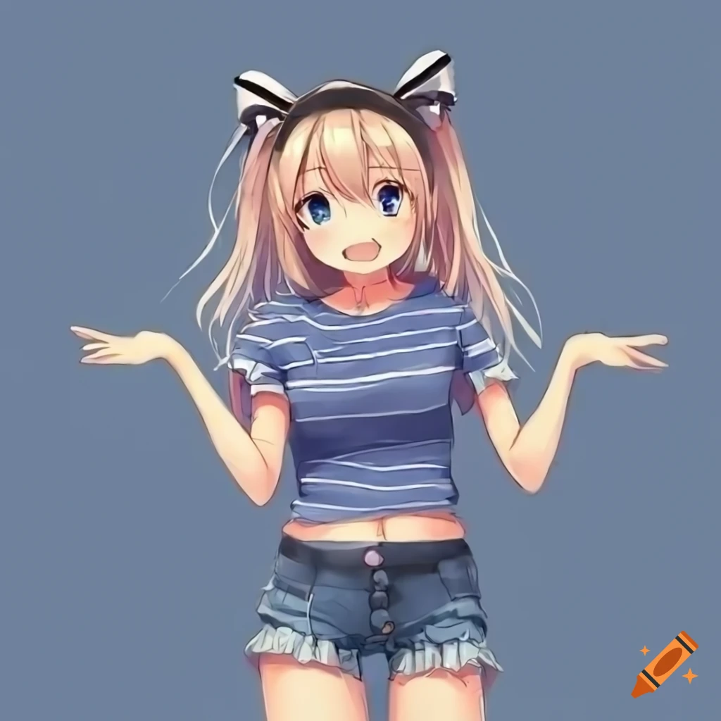 smiling-anime-girl-in-blue-and-white-t-shirt-and-denim-shorts-on-craiyon