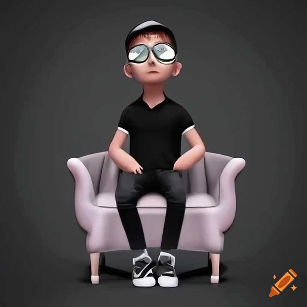 3D illusion of a boy in a black shirt sitting on a Wingback Chair with sunglasses