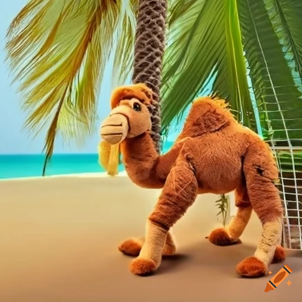 Plush camel under oasis palm tree