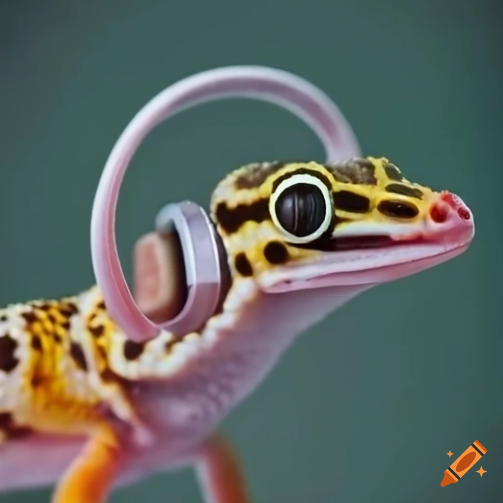 Leopard gecko wearing tiny headphones