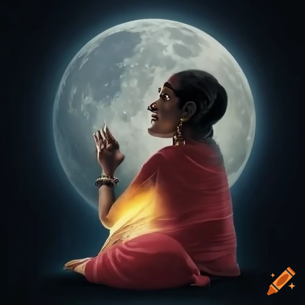 Happy tamil grandmother sitting under the moon on Craiyon