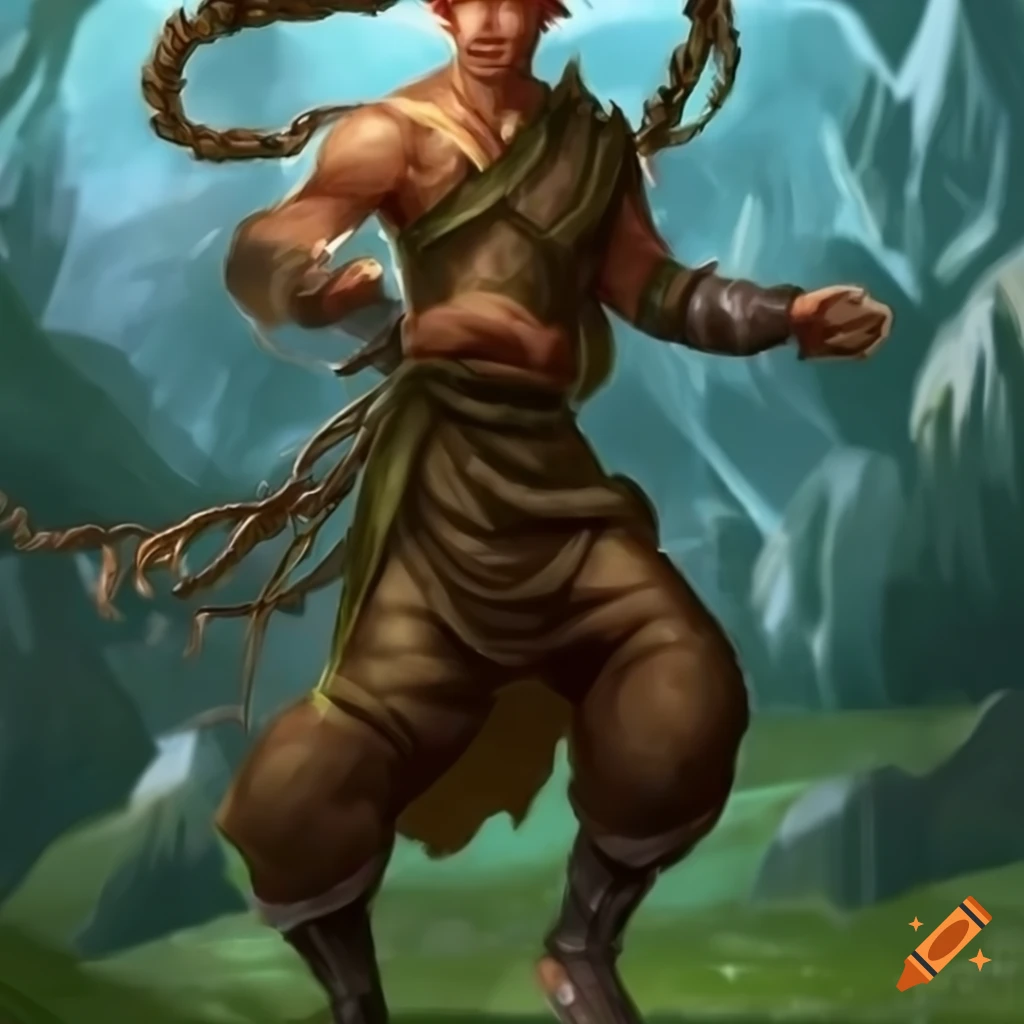 Elven monk with tan skin, brown hair, and green eyes in a fantasy setting