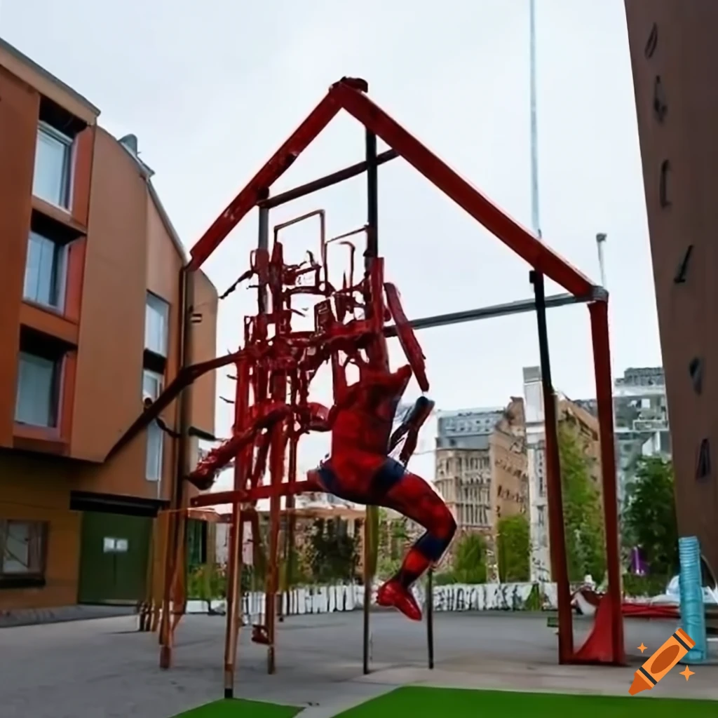 Spider-Man themed climbing frame with surrounding apartment buildings